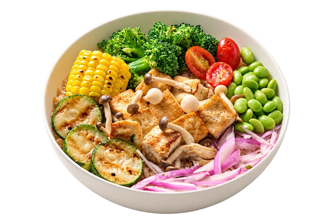 炙燒豆腐菇菇歐烤碗，炙燒豆腐菇菇搭配冷熱配菜與萊姆辣椒油醋醬