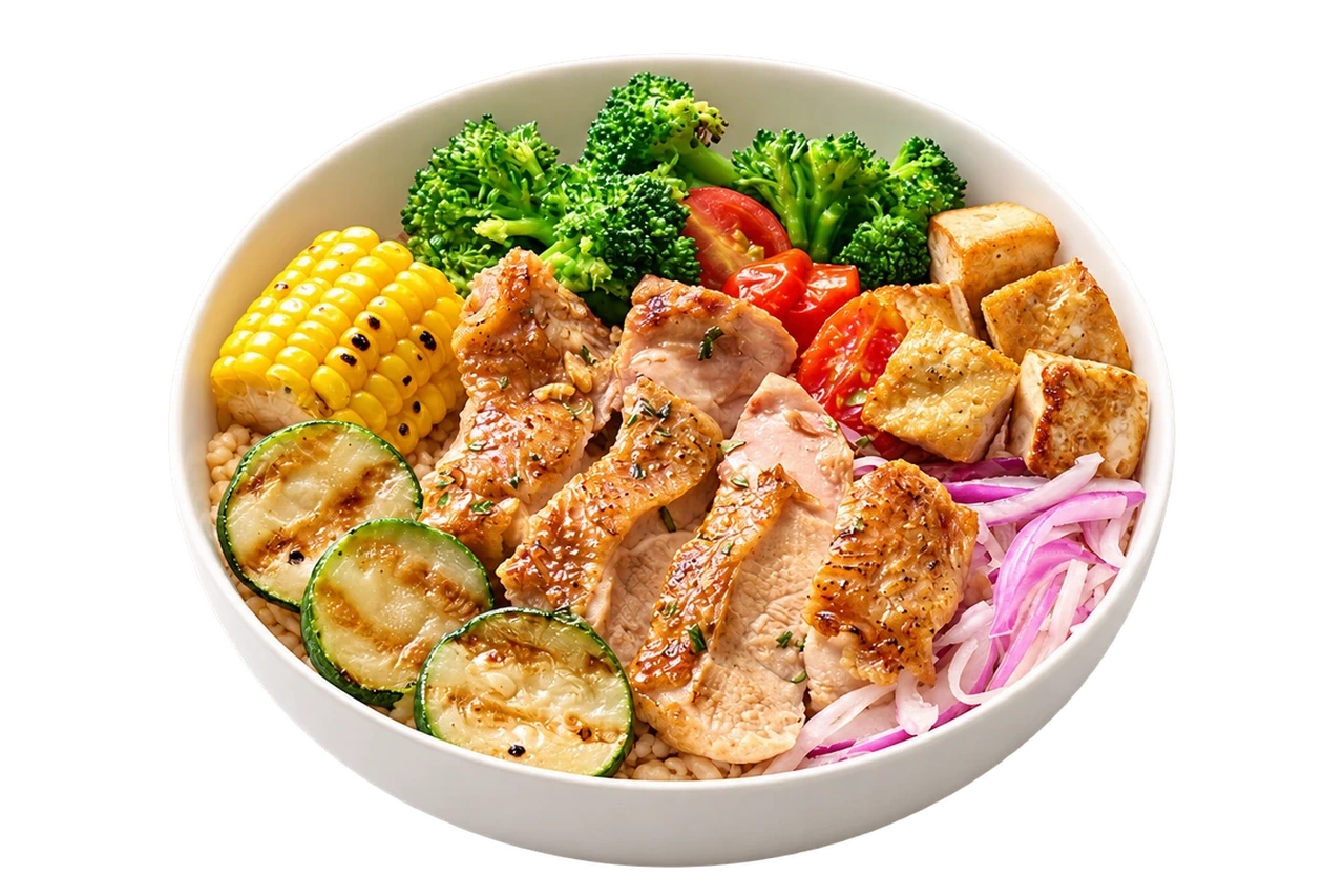 義式爐烤雞腿歐烤碗，義式爐烤雞腿搭配冷熱配菜與萊姆辣椒油醋醬