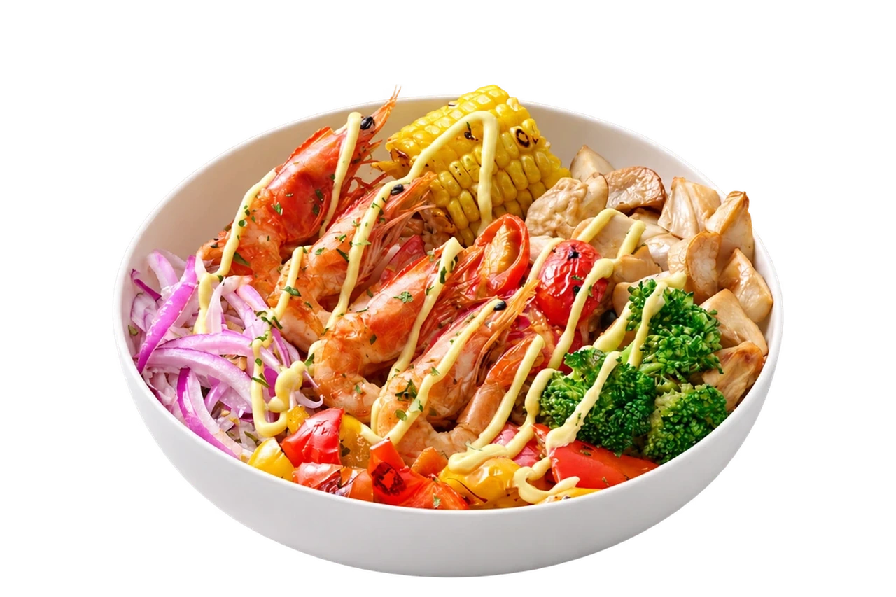 蒜香爐烤蝦歐烤碗，蒜香爐烤蝦搭配冷熱配菜與芥末蛋黃醬