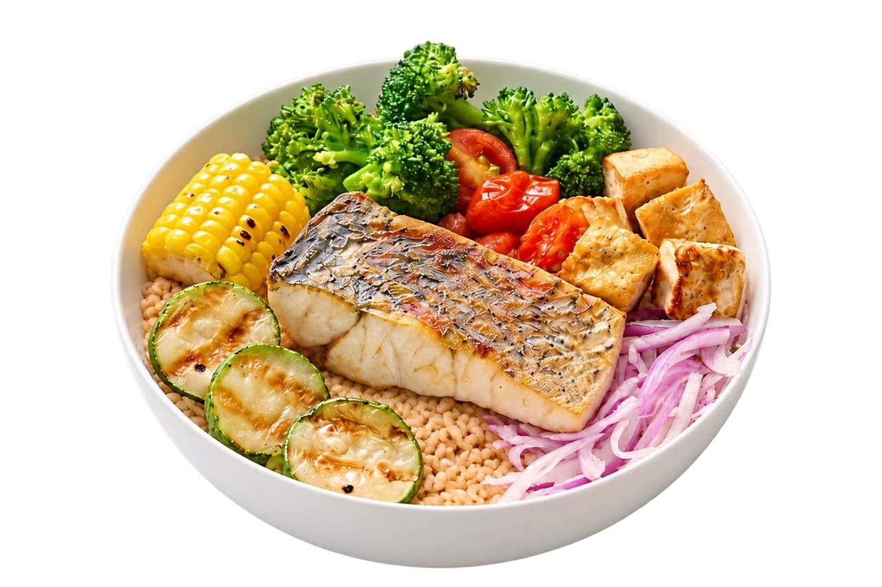 檸檬葉爐烤魚歐烤碗，檸檬葉爐烤魚搭配冷熱配菜與蘑菇洋蔥醬